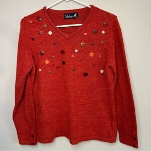 Tulchan Cotton V Neck Sweater Orange Sz M Buttons Teacher Artsy Student Retro